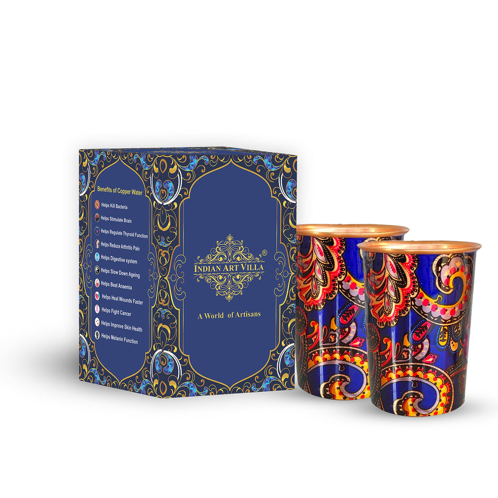 Indian Art Villa Pure Copper Printed Glass with Royal Blue Paisley Print Design, Serveware & Drinkware, Beneficial for Health, Volume-300 ML