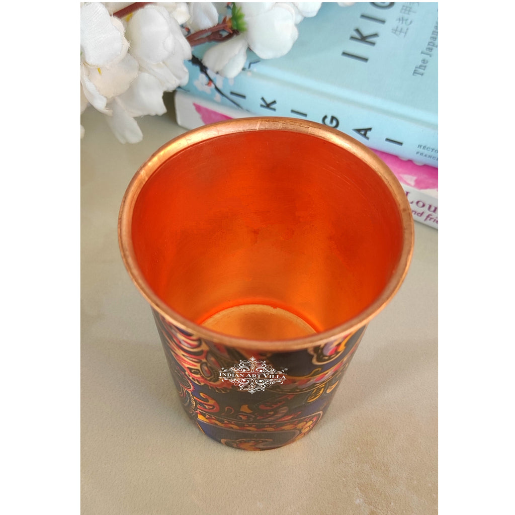 Indian Art Villa Pure Copper Printed Glass with Royal Blue Paisley Print Design, Serveware & Drinkware, Beneficial for Health, Volume-300 ML