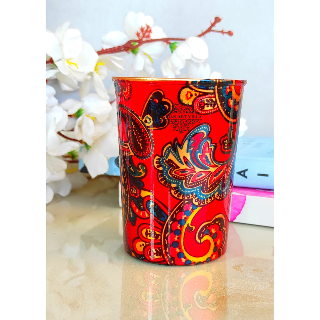 Indian Art Villa Pure Copper Printed Glass with Red Paisley Print Design, Serveware & Drinkware, Beneficial for Health, Volume-300 ML