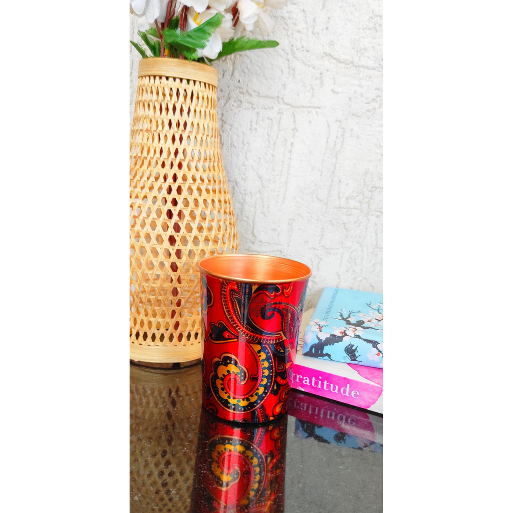 Indian Art Villa Pure Copper Printed Glass with Red Paisley Print Design, Serveware & Drinkware, Beneficial for Health, Volume-300 ML