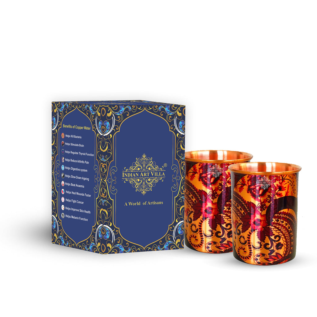 Indian Art Villa Pure Copper Printed Glass with Paisley Print , Serveware & Drinkware, Beneficial for Health, Volume-300 ML