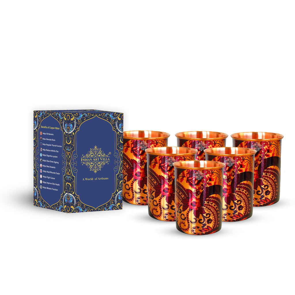 Indian Art Villa Pure Copper Printed Glass with Paisley Print , Serveware & Drinkware, Beneficial for Health, Volume-300 ML