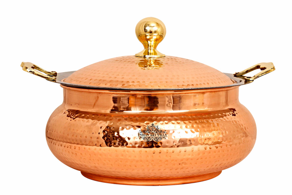 Indian Art Villa Steel Copper Chafing Dish With Brass Knob And Handles