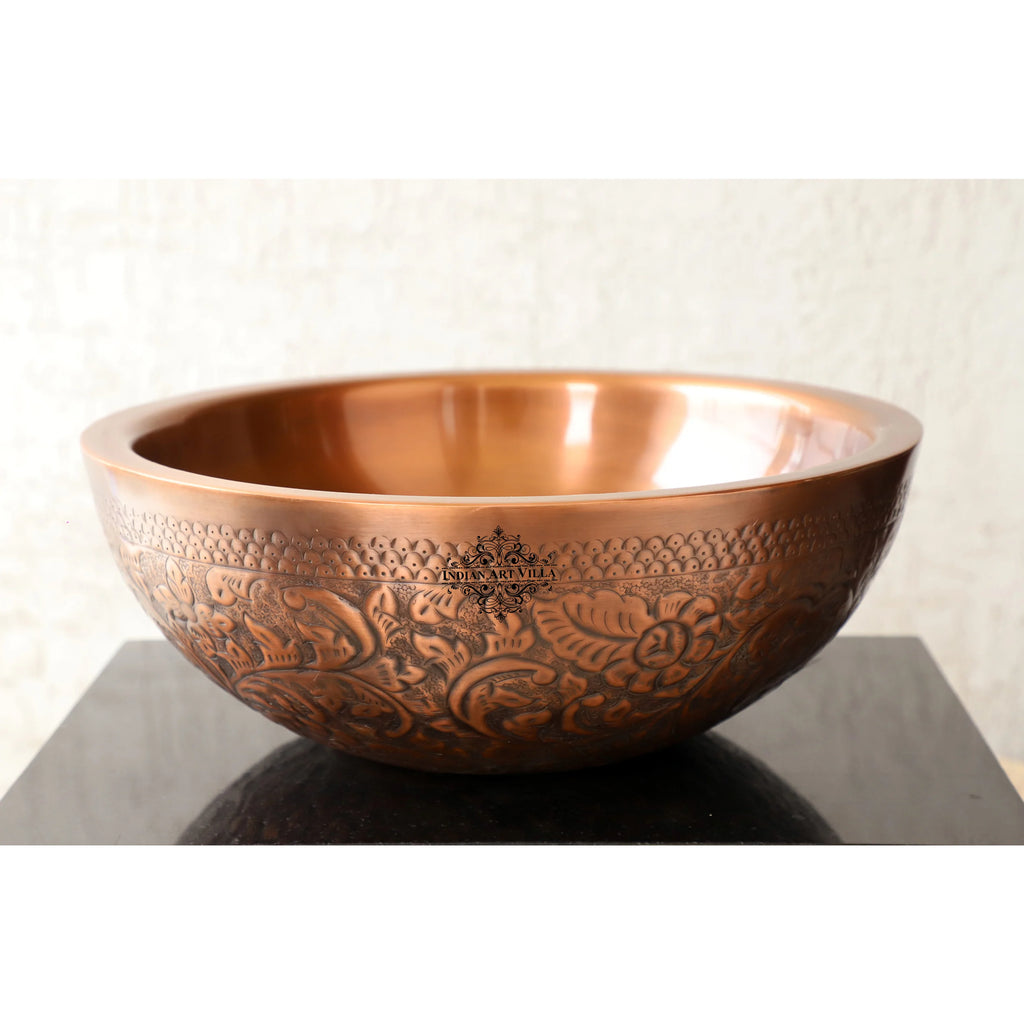 Indian Art Villa Copper Double Bowl Embossed Basin - Width - 15.8" Royal look for your House / Office
