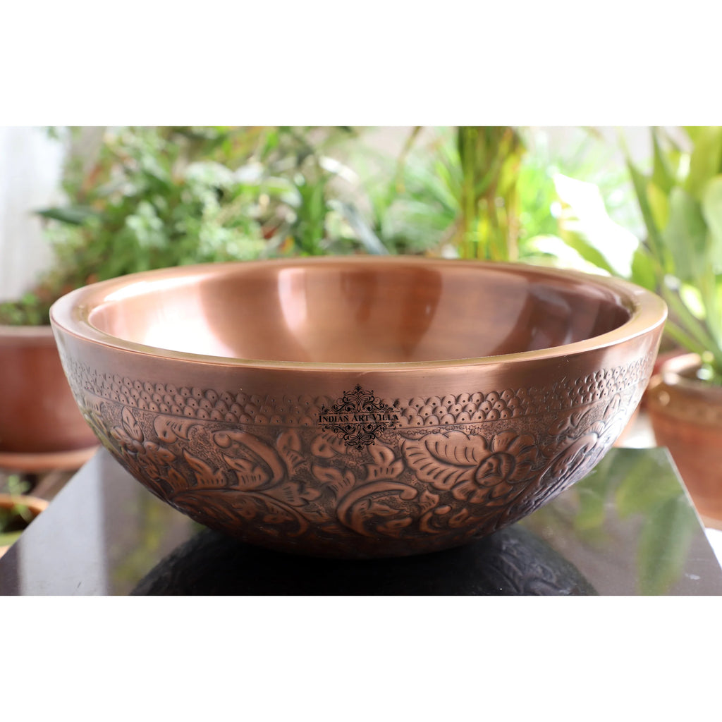 Indian Art Villa Copper Double Bowl Embossed Basin - Width - 15.8" Royal look for your House / Office
