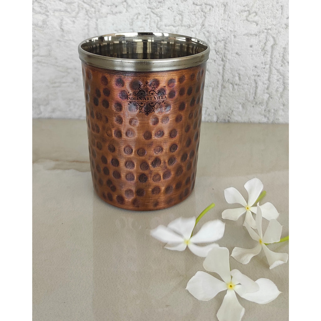 Indian Art Villa Steel Copper Glass With Hammered Antique Dark Tone Design, Drinkware & Serveware, Volume-300 ml