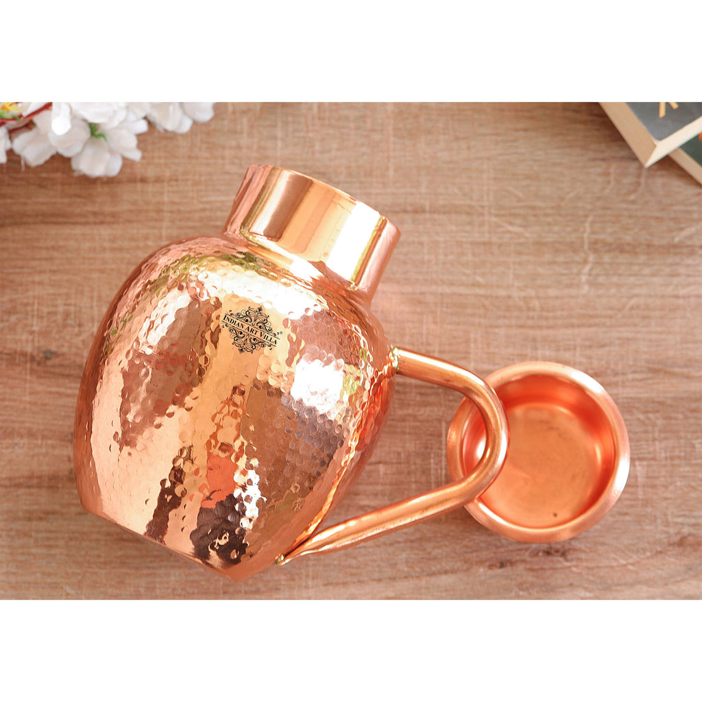Indian Art Villa Pure Copper Hammered Surai Style Jug, Pitcher with a Bowl Style Lid, Serveware, Drinkware, 1600ml