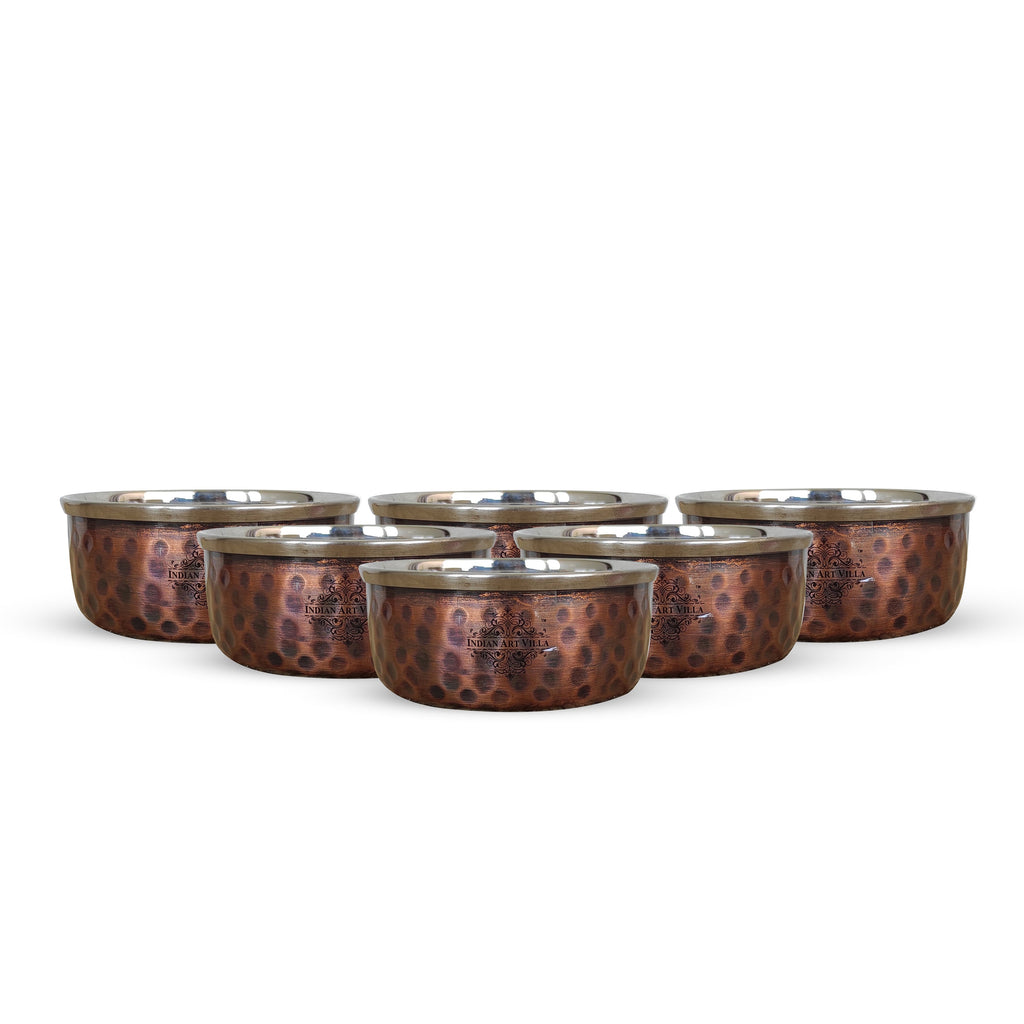 INDIAN ART VILLA Steel Copper Katori/Bowl With Hammered Antique Dark Tone Design, Serving Dishes, Dinnerware & Tableware - 6 - 145 ML