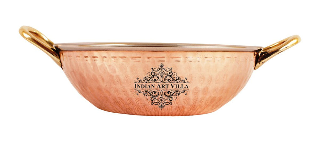 Indian Art Villa Pure Steel Copper Hammered Design Kadai With Handle
