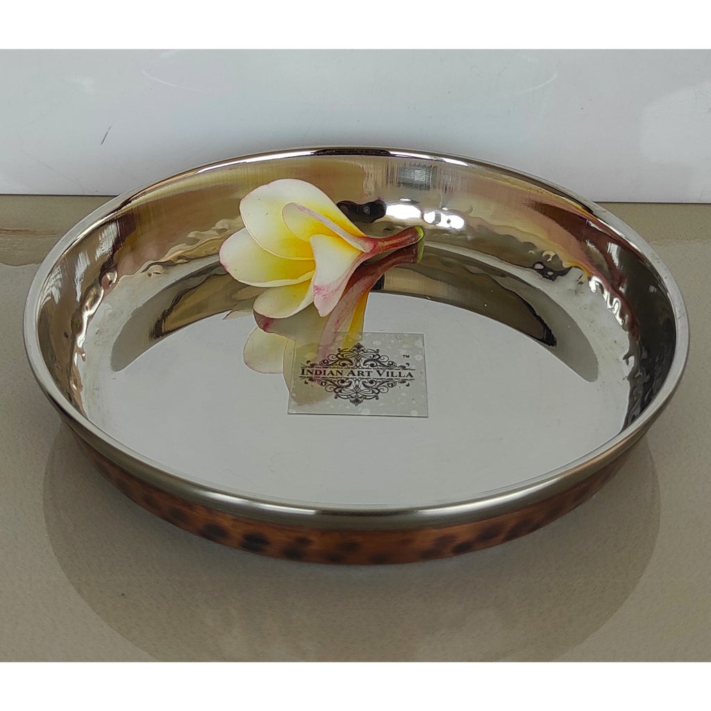 Indian Art Villa Steel Copper Rice/Halwa Plate With Hammered Design, Tableware & Serveware, Diameter-4.9 Inch