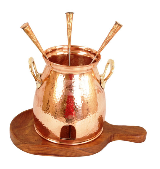 Elegant Pure Copper Table Tandoor with Wooden Bottom – Indian Art Villa Traditional Indian Grill for Dining