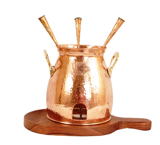 Elegant Pure Copper Table Tandoor with Wooden Bottom – Indian Art Villa Traditional Indian Grill for Dining