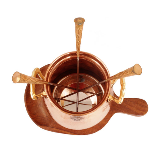Elegant Pure Copper Table Tandoor with Wooden Bottom – Indian Art Villa Traditional Indian Grill for Dining
