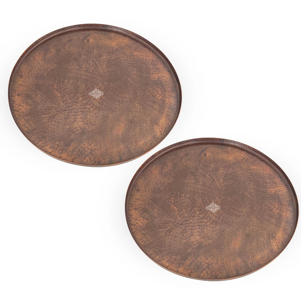 Indian Art Villa Copper Round Moon Tray Plate with Antiqe Dark Tone Hammered Design, Serveware & Tableware, Decorative Gift Item,  Width: 13'' Inch
