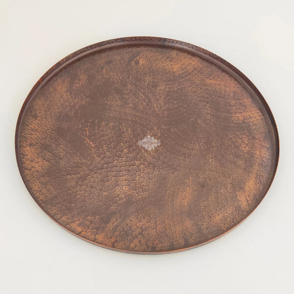 Indian Art Villa Copper Round Moon Tray Plate with Antiqe Dark Tone Hammered Design, Serveware & Tableware, Decorative Gift Item,  Width: 13'' Inch