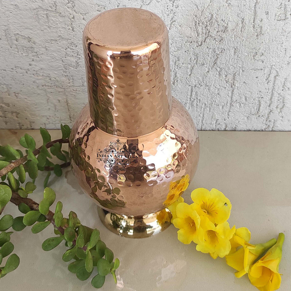Indian Art Villa Pure Copper Surai Design Bedroom water Bottle Brass Bottom With built-in Glass, Drinkware, 750ml