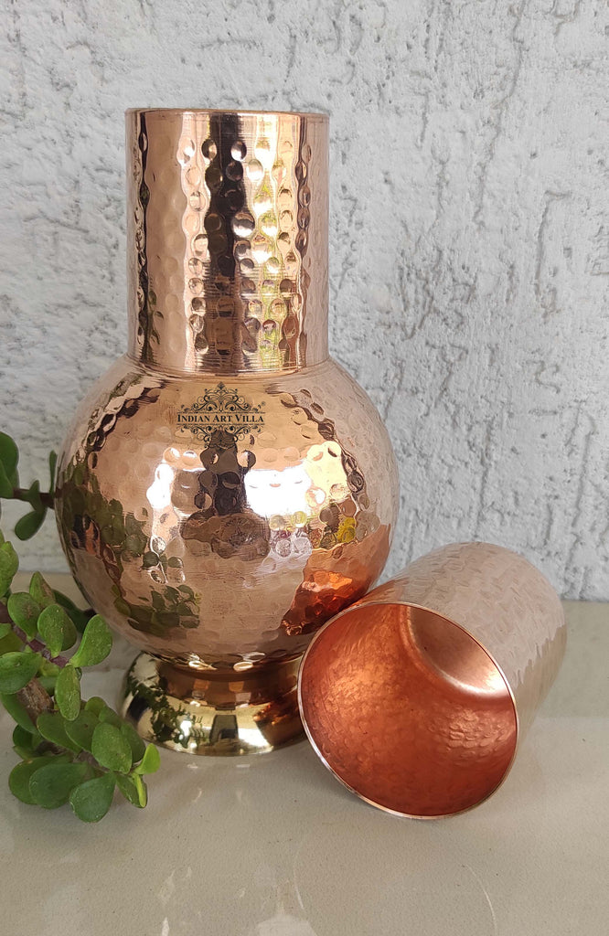 Indian Art Villa Pure Copper Surai Design Bedroom water Bottle Brass Bottom With built-in Glass, Drinkware, 750ml