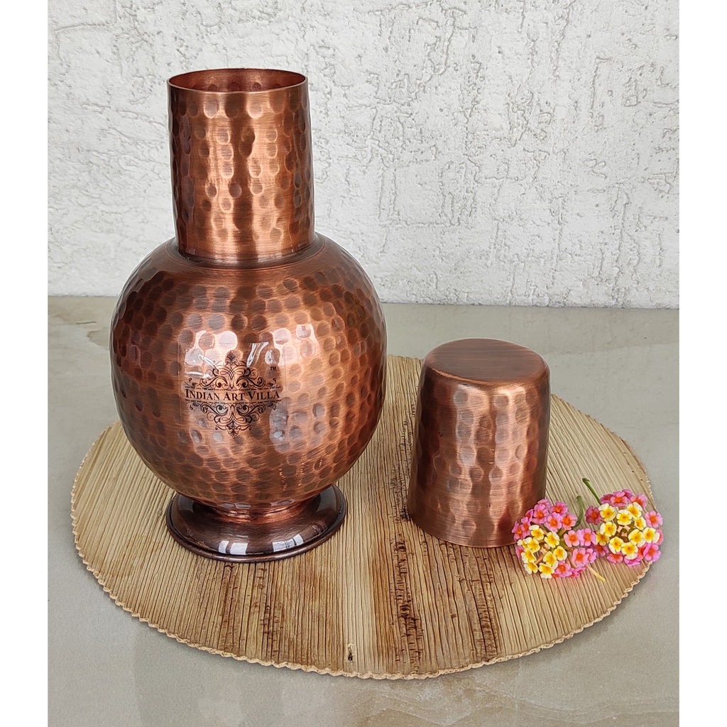 Indian Art Villa Hammered Pure Copper Surai Design Bedroom Water Bottle with Inbuilt Glass,700 ML