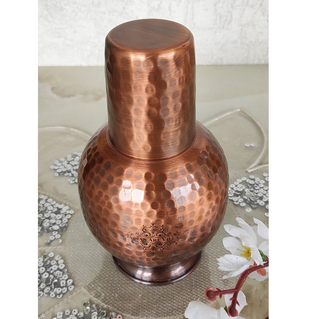 Indian Art Villa Hammered Pure Copper Surai Design Bedroom Water Bottle with Inbuilt Glass,700 ML