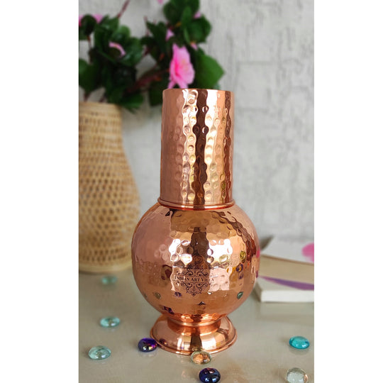 Traditional Surahi Style Pure Copper Water Bottle with 700ml Capacity and Inner Glass by Indian Art Villa
