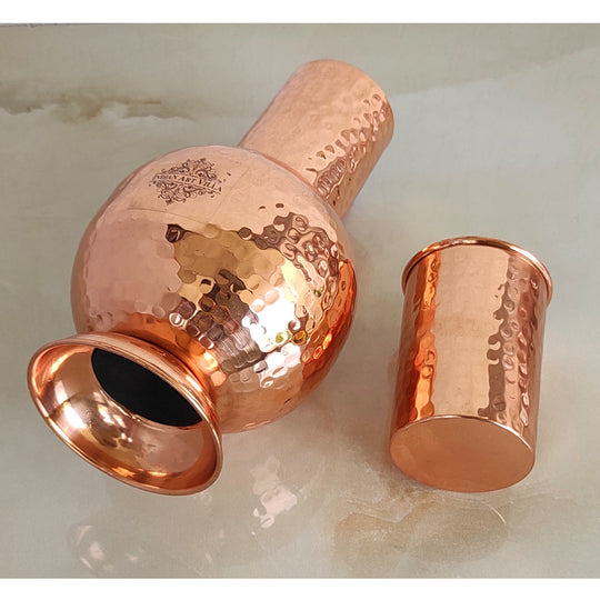 Pure Copper Surai Design Bedroom water Bottle With Inbuilt Glass