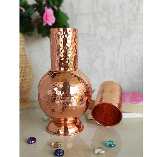 Pure Copper Surai Design Bedroom water Bottle With Inbuilt Glass