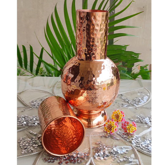 Pure Copper Surai Design Bedroom water Bottle With Inbuilt Glass