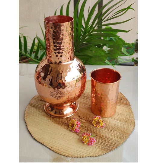 Pure Copper Surai Design Bedroom water Bottle With Inbuilt Glass