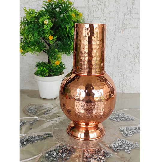 Pure Copper Surai Design Bedroom water Bottle With Inbuilt Glass
