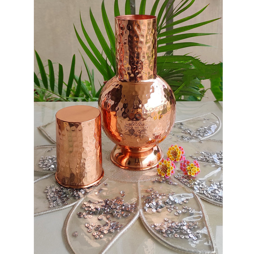 Indian Art Villa Pure Copper Surai Design Bedroom water Bottle With Inbuilt Glass, Drinkware
