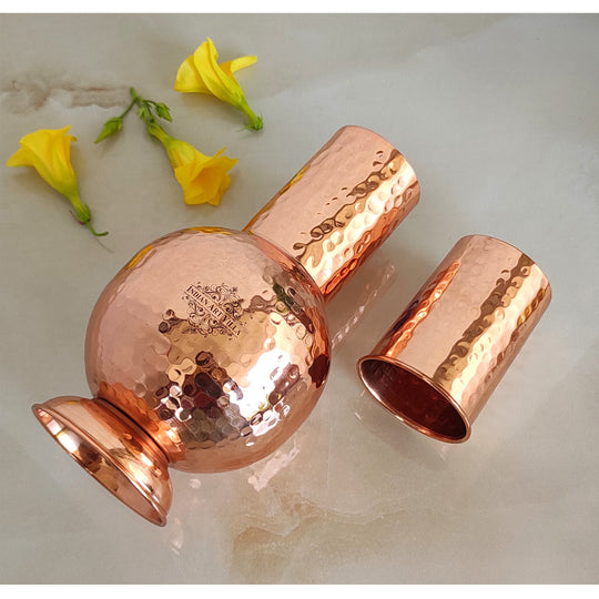 Pure Copper Surai Design Bedroom water Bottle With Inbuilt Glass