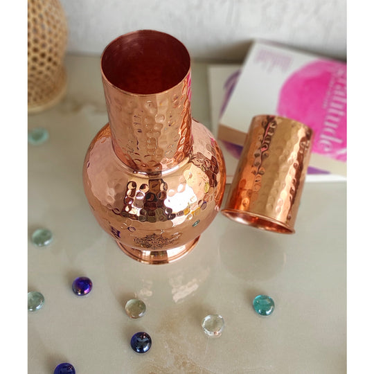 Pure Copper Surai Design Bedroom water Bottle With Inbuilt Glass