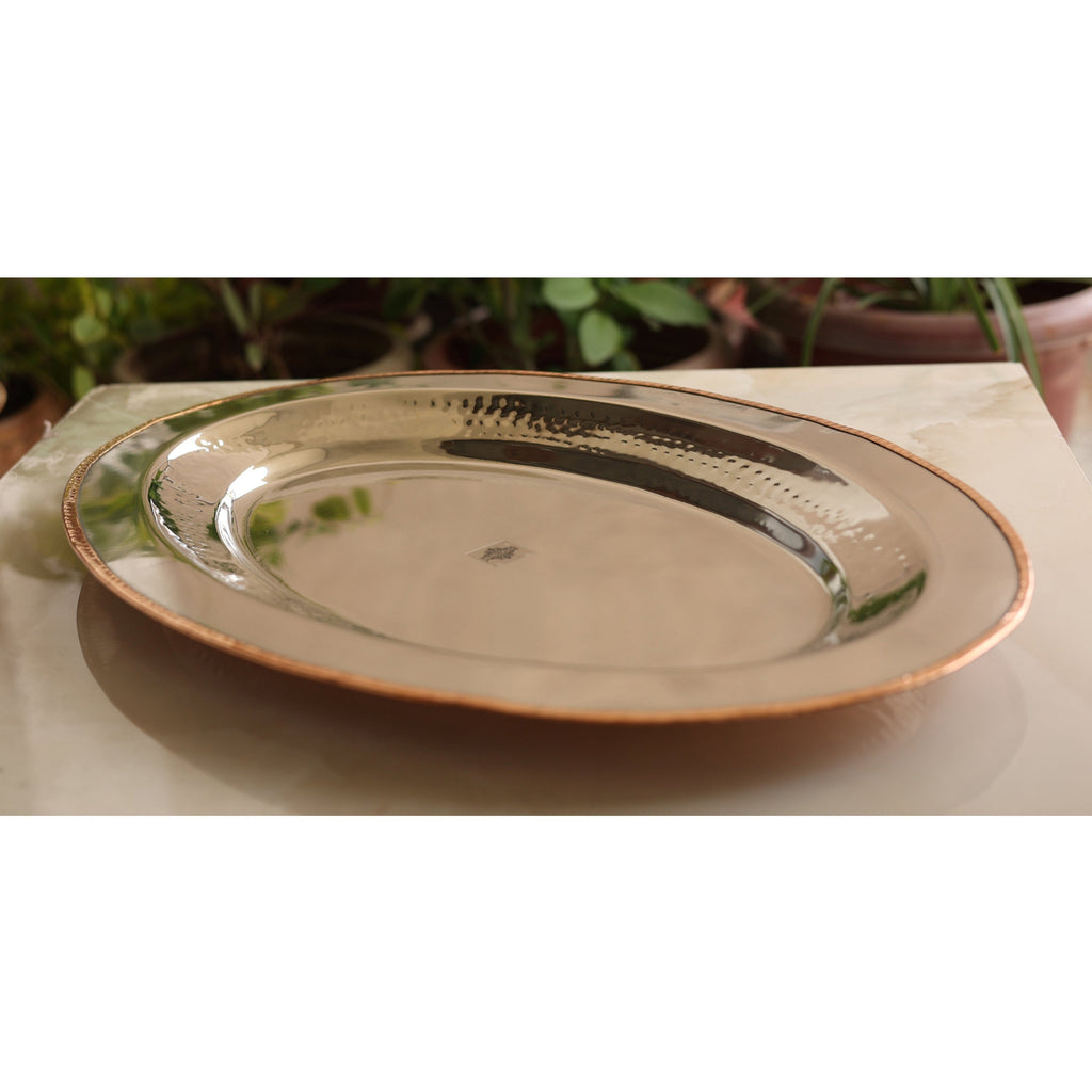 Indian Art Villa Steel Copper Plate/Platter With Oval & Flat Shape And Hammered Design, Dinnerware, Serveware & Tableware, Home Restaurant, Width- 21 Inch