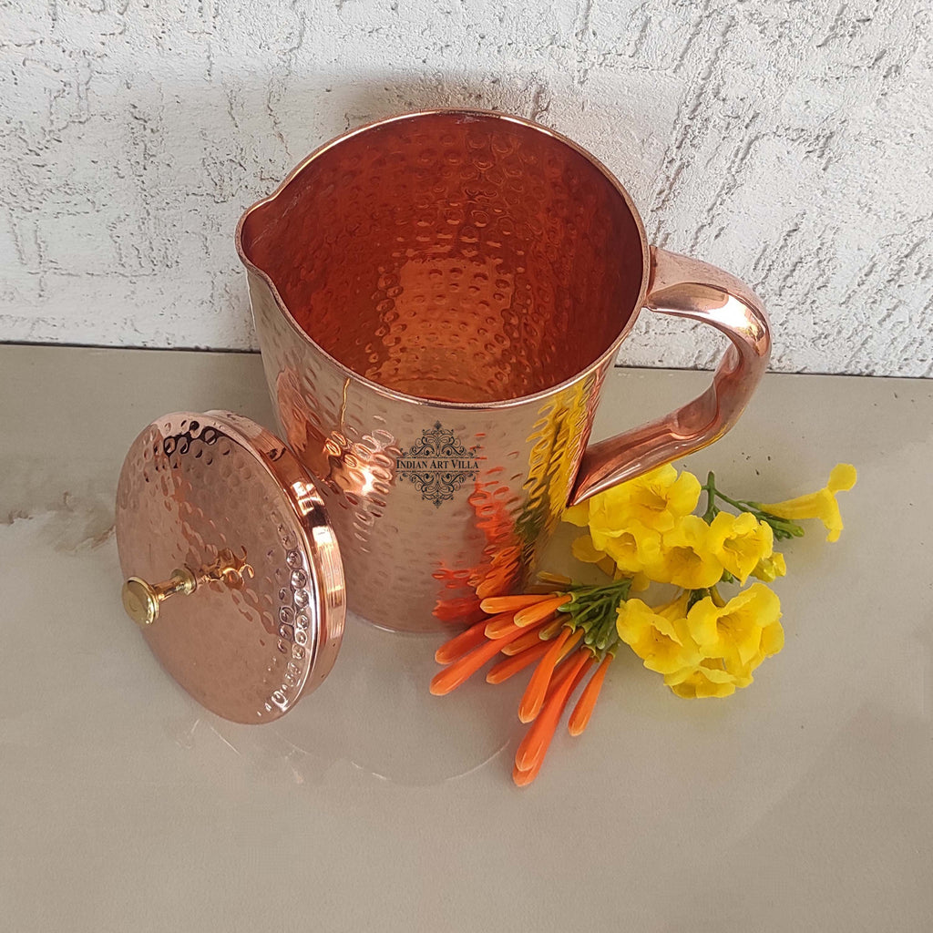 Indian Art Villa Pure Copper Hammered Antique Jug, Pitcher with Brass Knob on Lid, Serveware, Drinkware