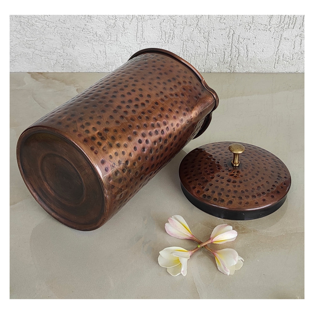 Indian Art Villa Hammered Design Antique Dark Tone Copper Jug Pitcher, Storage & Serving Water, Yoga Ayurveda Healing, 1000 ML