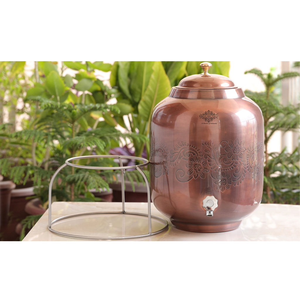 Indian Art Villa Pure Copper Brown Anti Tarnish Antique Finish Embossed Floral Bel Design Water Pot With Brass Knob And Stand,12 Liters