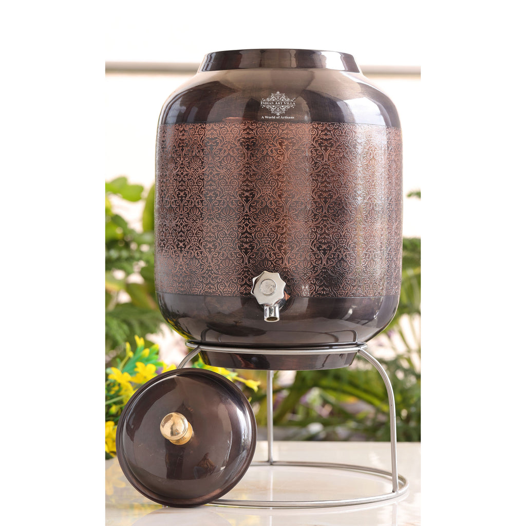 Indian Art Villa Pure Copper Brown Anti Tarnish Antique Finish Embossed Design Water Pot With Brass Knob And Stand ,12 Liters
