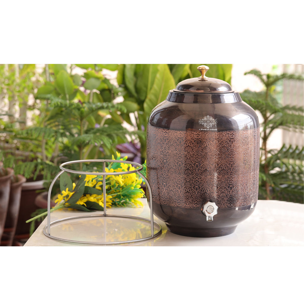 Indian Art Villa Pure Copper Brown Anti Tarnish Antique Finish Embossed Design Water Pot With Brass Knob And Stand ,12 Liters