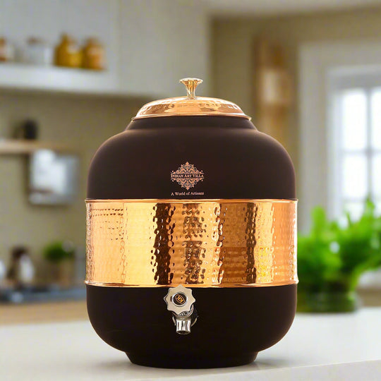 5 litre embossed copper matka on stand – large relief-pattern tamba matka with stand – copper water pot with stand
