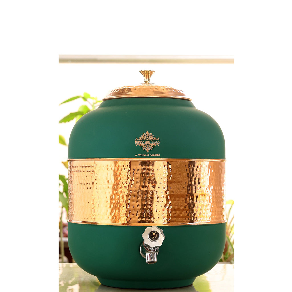 Indian Art Villa Pure Copper Half Hammered With Silk Finish Water Pot in Green Color