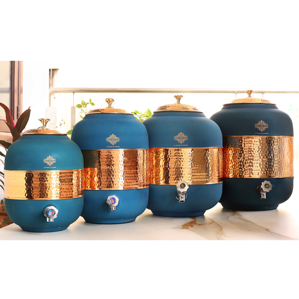 Indian Art Villa Pure Copper Half Hammered With Silk Finish Water Pot in Blue Color