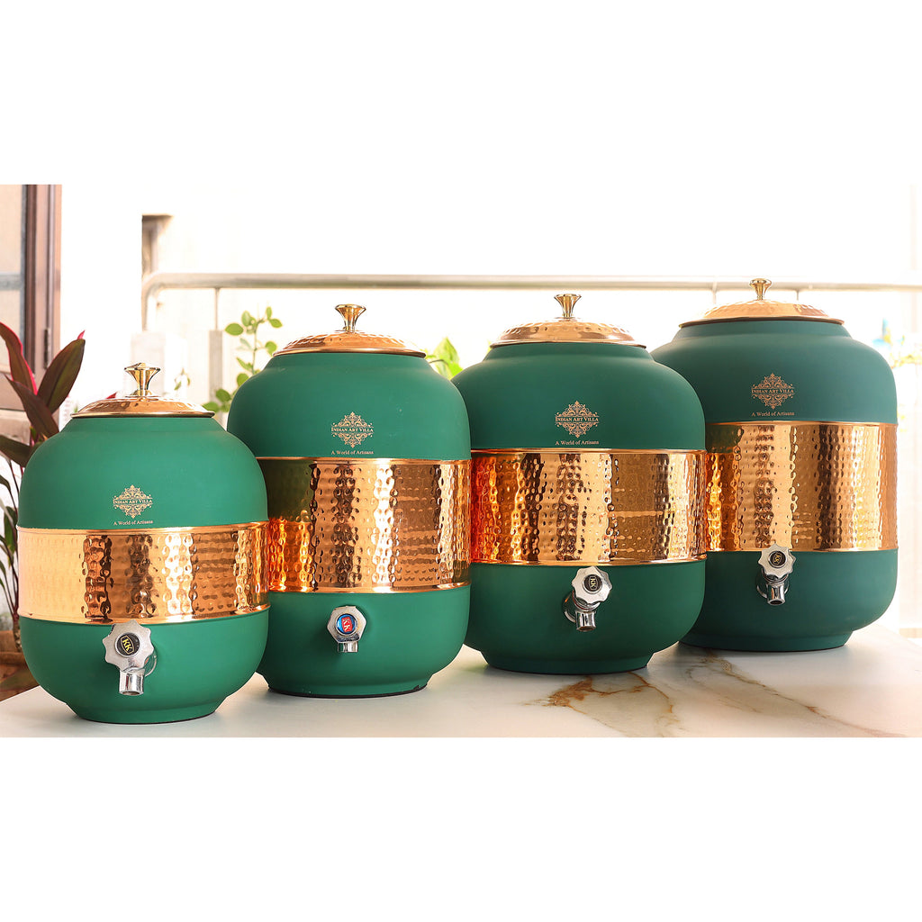 Indian Art Villa Pure Copper Half Hammered With Silk Finish Water Pot in Green Color