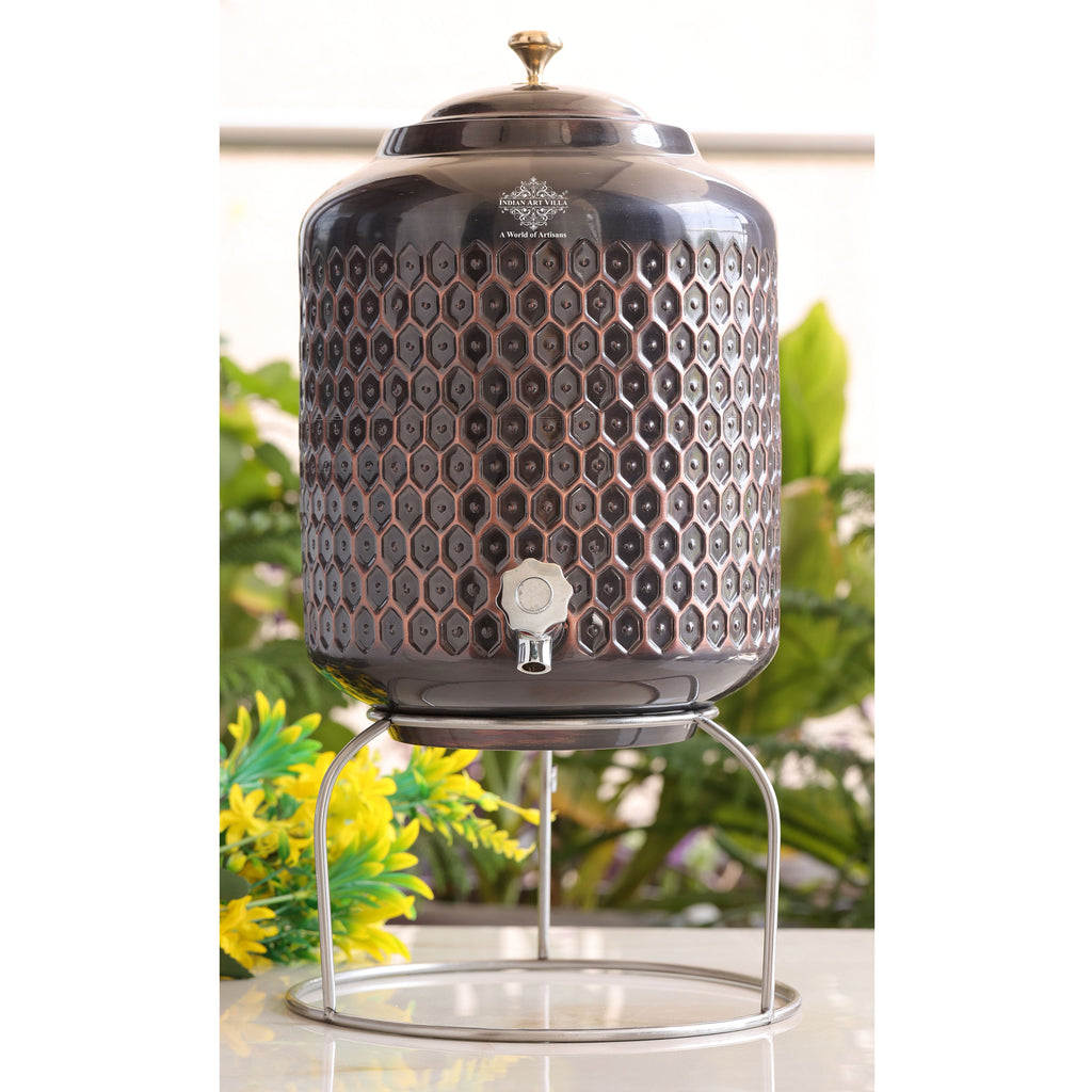 Indian Art Villa Pure Copper Brown Antique Finish Anti Tarnish Diamond Hammer Design Water Pot With Brass Knob And Stand,8 Liters