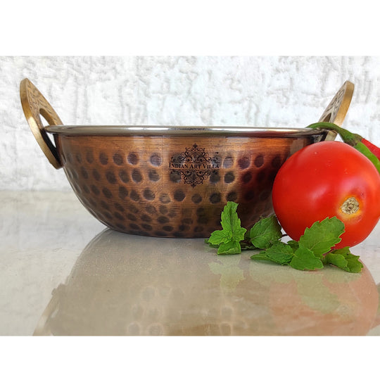 Steel Copper Kadhai Wok Bowl With Hammered Antique Dark Design- Serveware , Tableware