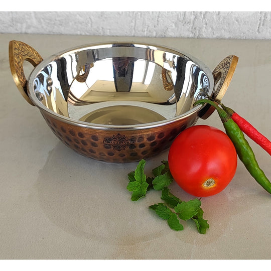 Steel Copper Kadhai Wok Bowl With Hammered Antique Dark Design- Serveware , Tableware