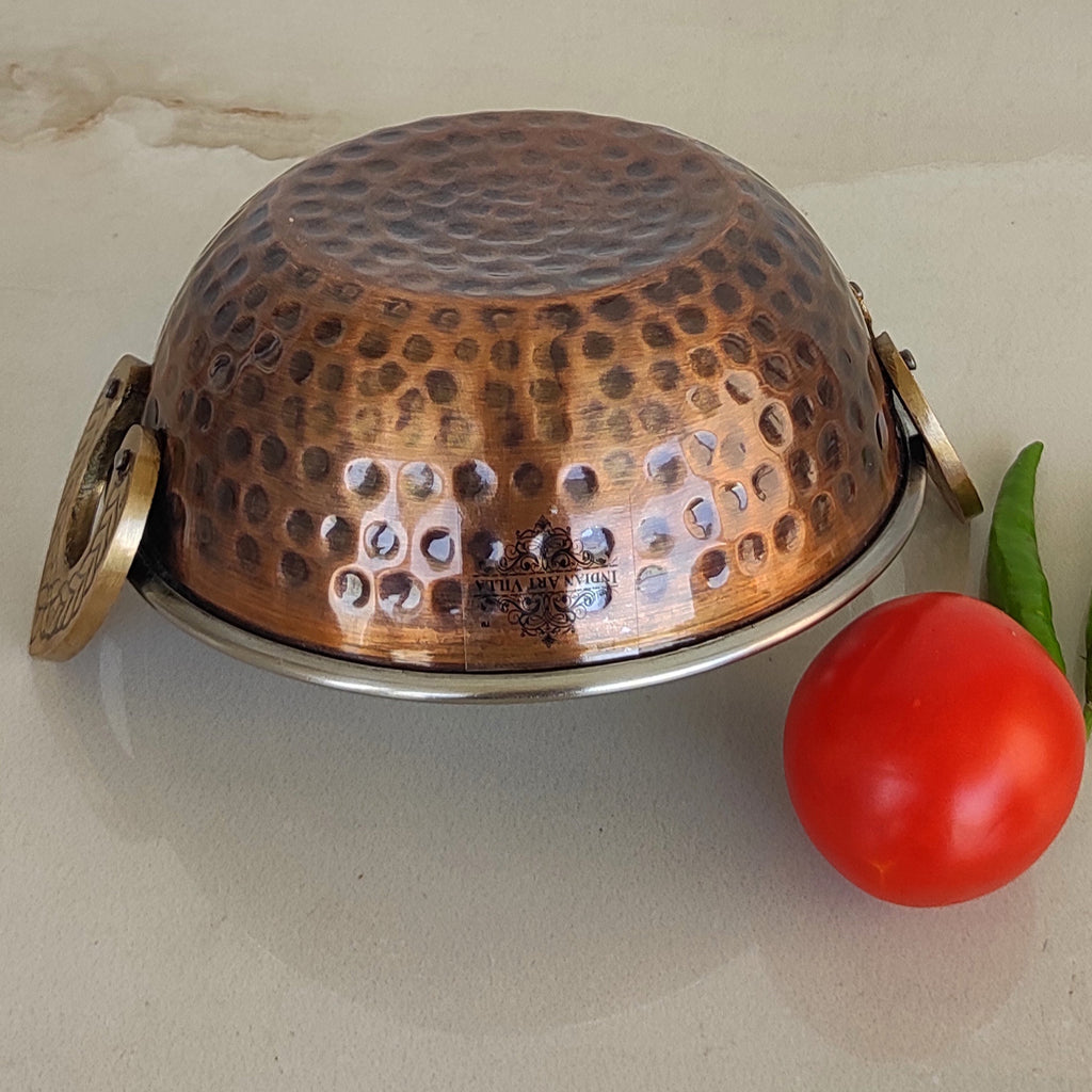 Indian Art Villa Hammered Antique Dark Tone Design Steel Copper Kadhai Kadhai Wok Bowl, Serving Dishes, Tableware