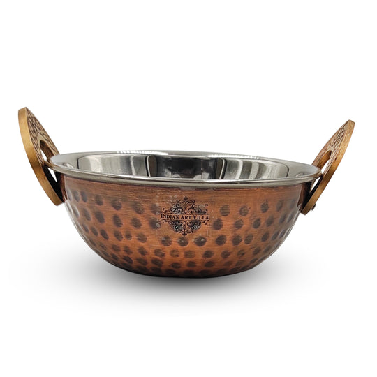 Steel Copper Kadhai Wok Bowl With Hammered Antique Dark Design- Serveware , Tableware