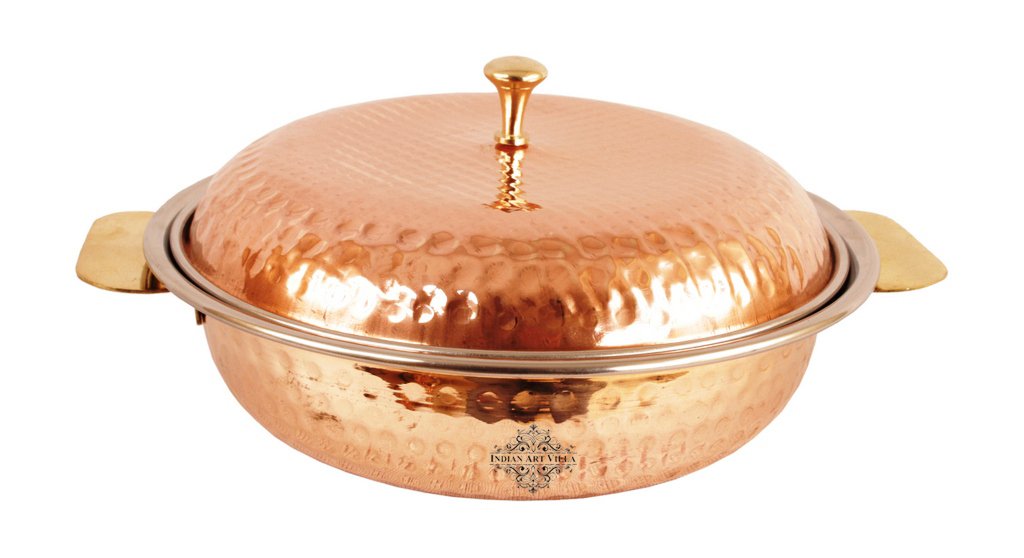 Indian Art Villa Pure Steel Copper Hammered Design Royal Donga Casserole with Lid 750 ML
