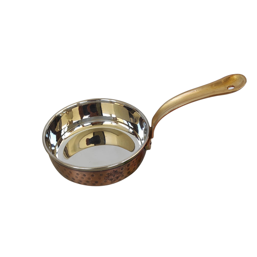 Indian Art Villa Steel Copper Hammered Antique Dark Tone Design Fry Pan with Brass Handle, Serveware & Tableware