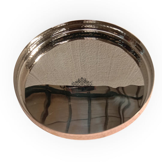 Steel copper hammered curved Thali plate angle view — Indian Art Villa